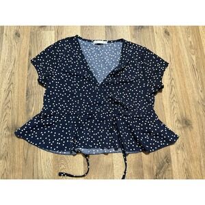 Lefties Peplum Wrap Top Womens Small Navy Blue Floral Short Sleeve Excellent